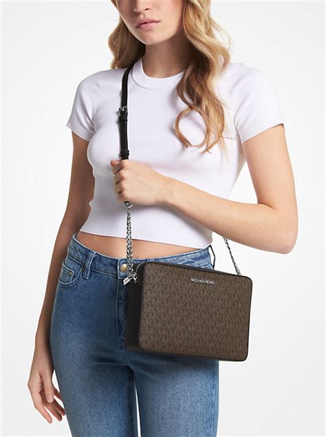 michael kors large gusset crossbody blacksilver|Jet Set Large Signature Logo Crossbody Bag .